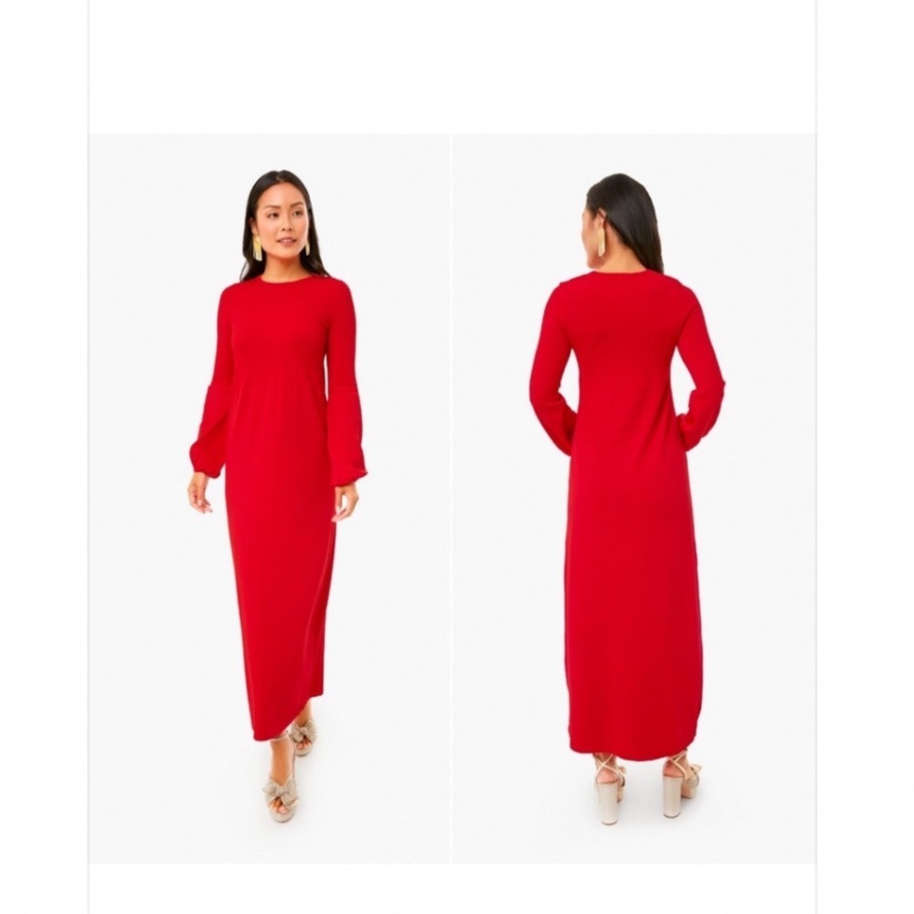 Pomander Place Red Smocked Knit Midi Dress Long Sleeve Pearl Detail XS